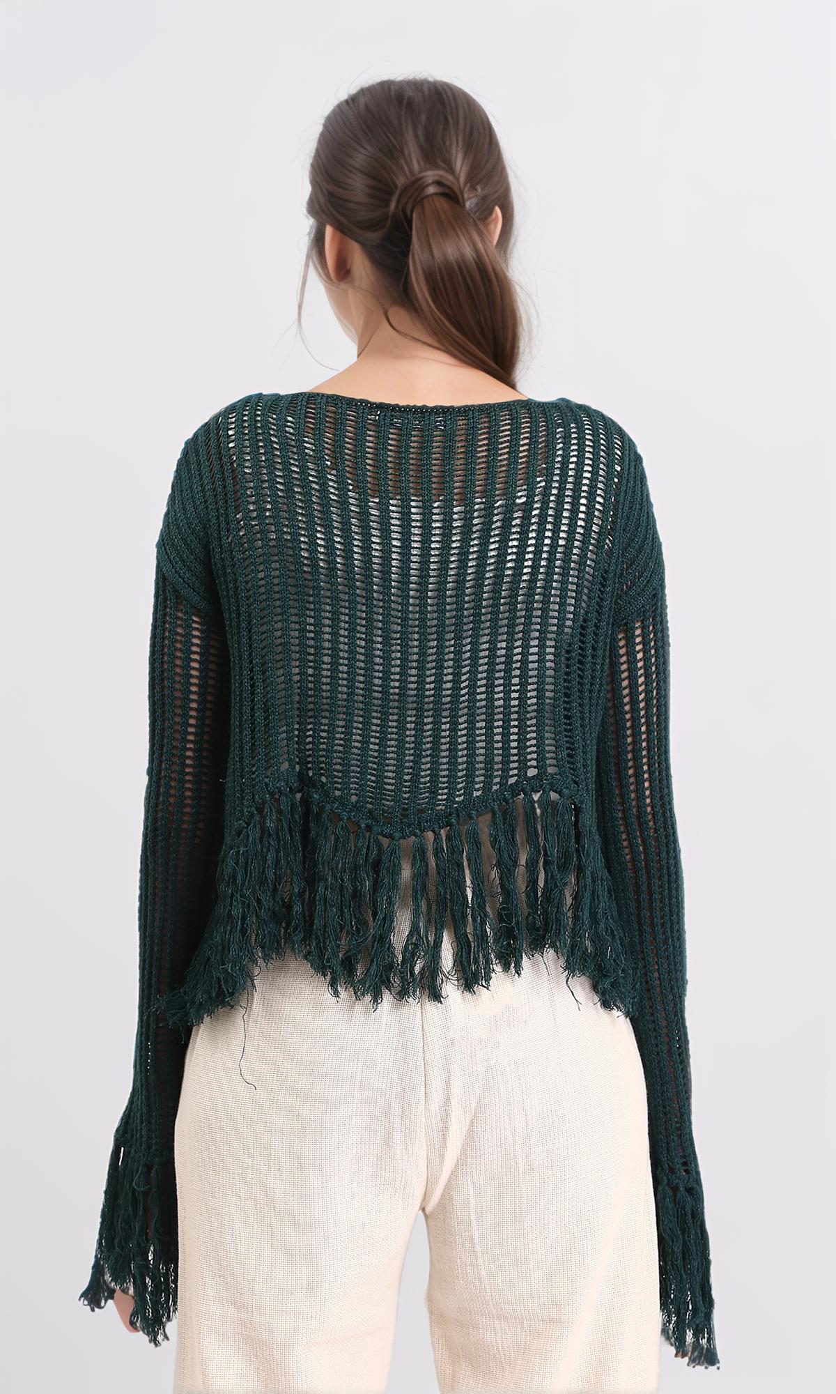 R208727 - Boat Neck Perforated Top with Tassels - Dark Green