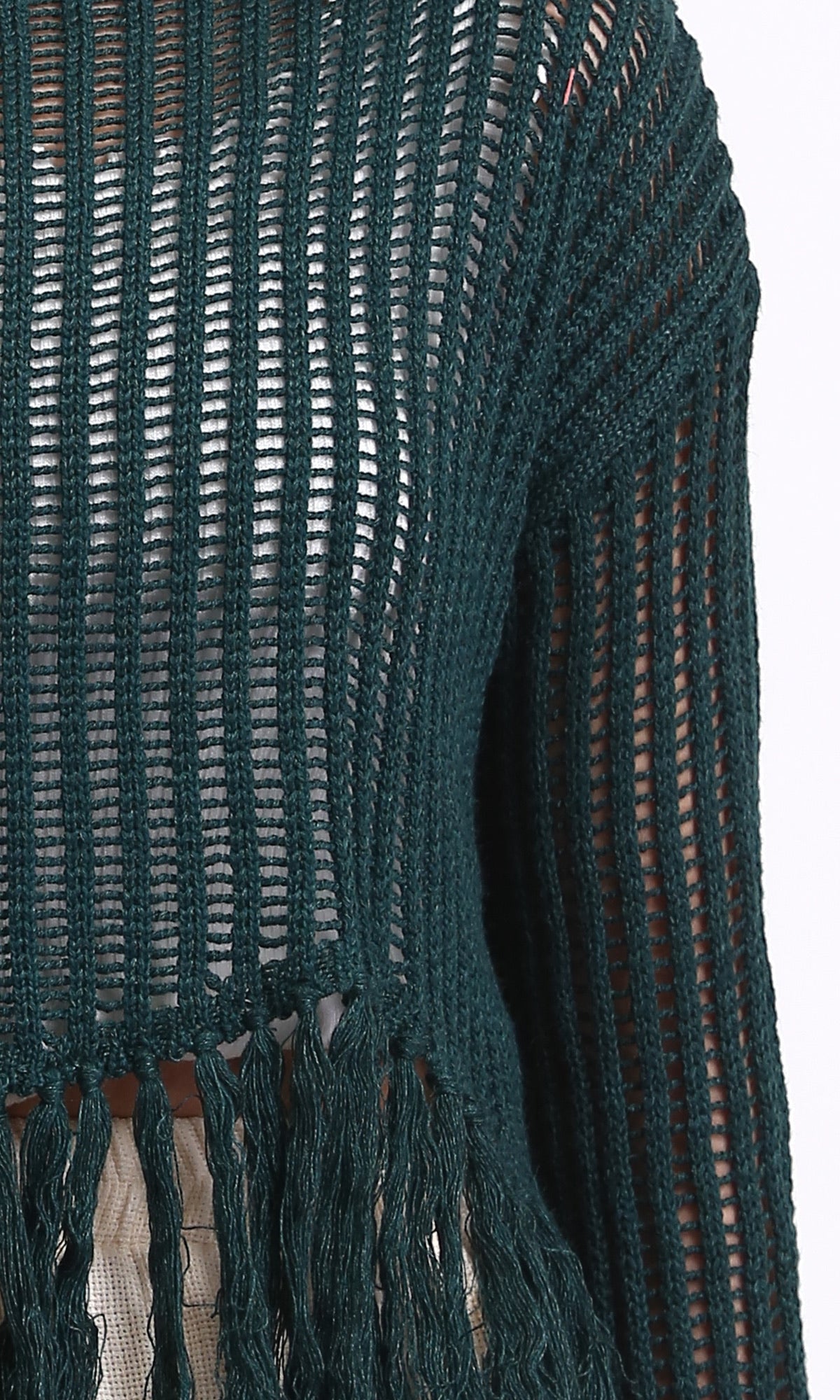 R208727 - Boat Neck Perforated Top with Tassels - Dark Green