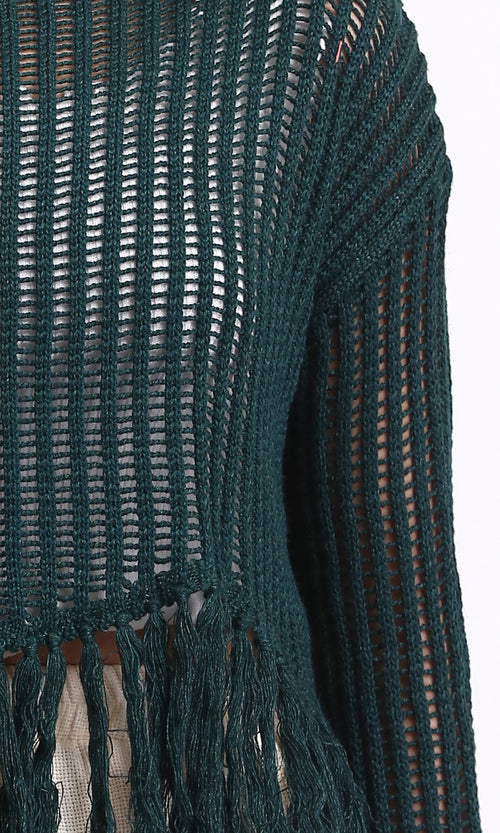 R208727 - بلوزة برقبة قارب مثقوبة مع شراشيب - أخضر داكن