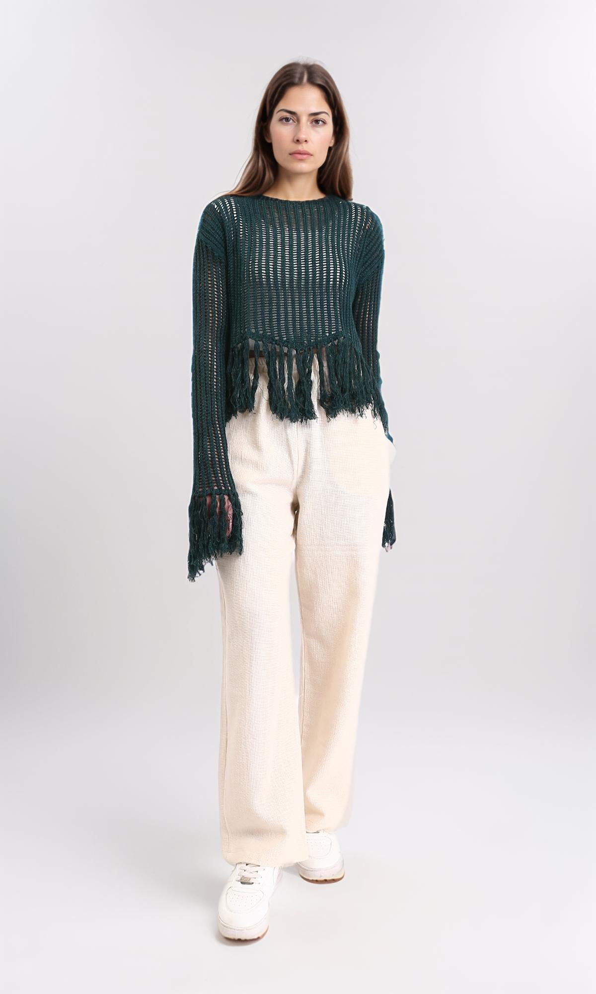 R208727 - Boat Neck Perforated Top with Tassels - Dark Green