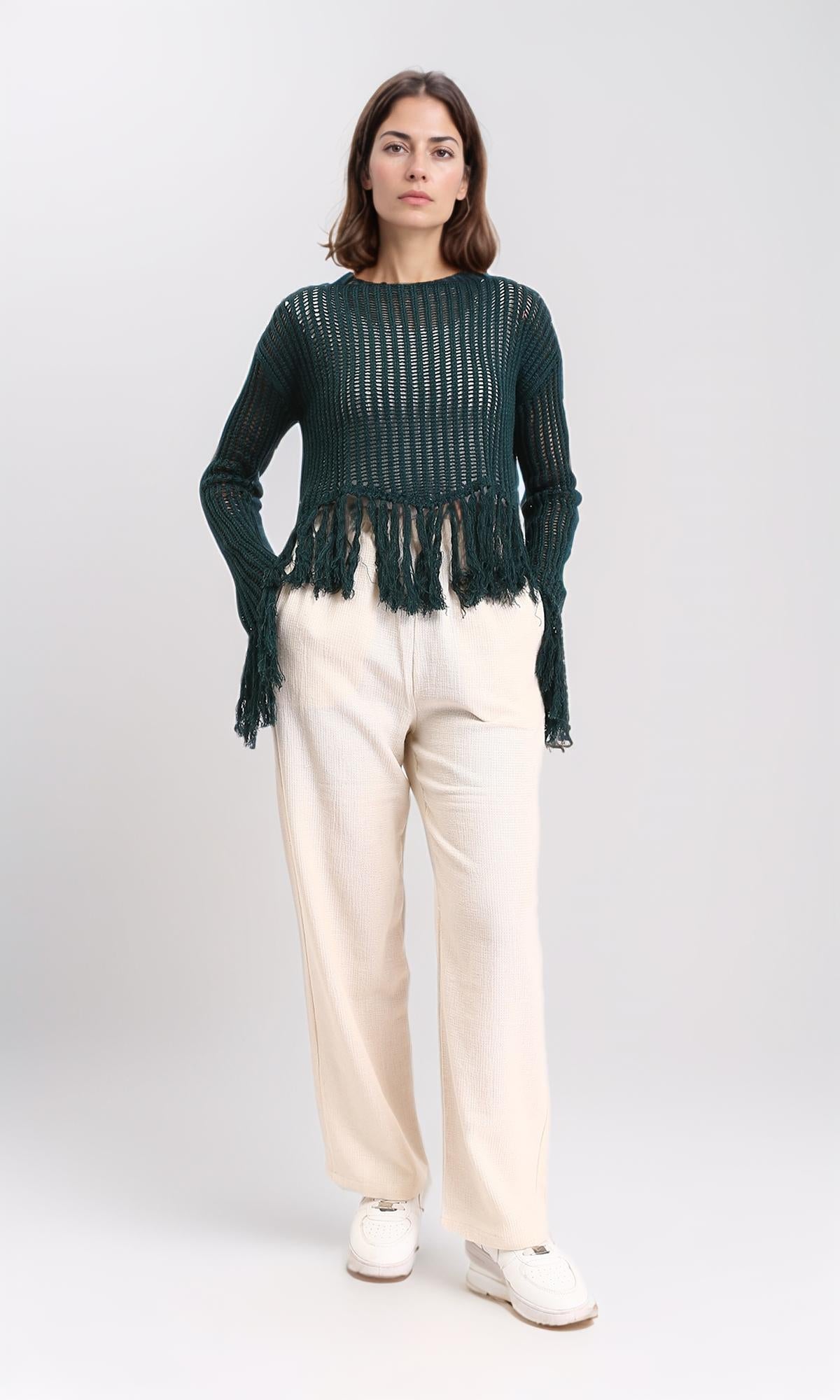 R208727 - Boat Neck Perforated Top with Tassels - Dark Green