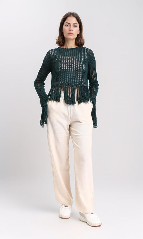 R208727 - Boat Neck Perforated Top with Tassels - Dark Green