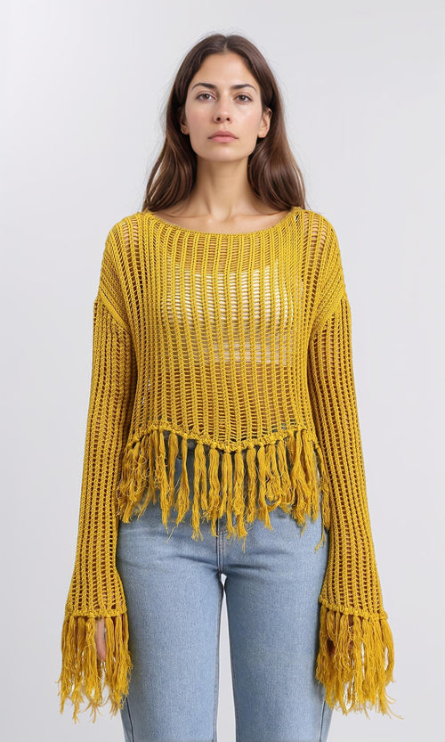 R208728 - Boat Neck Perforated Top with Tassels - Mustard