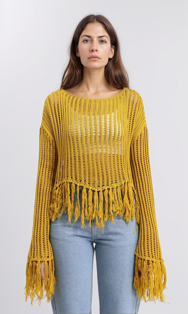 R208728 - Boat Neck Perforated Top with Tassels - Mustard