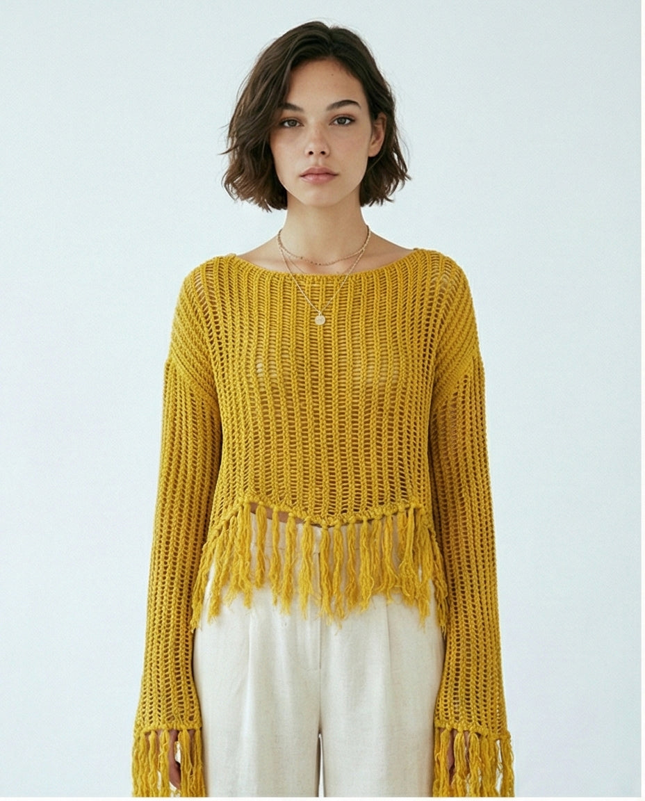 Boat Neck Perforated Top with Tassels - Mustard