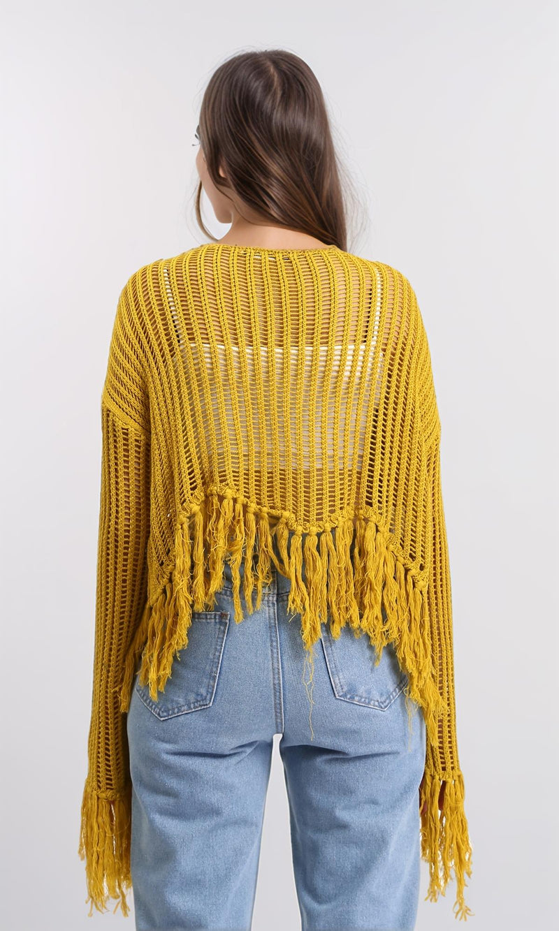 R208728 - Boat Neck Perforated Top with Tassels - Mustard