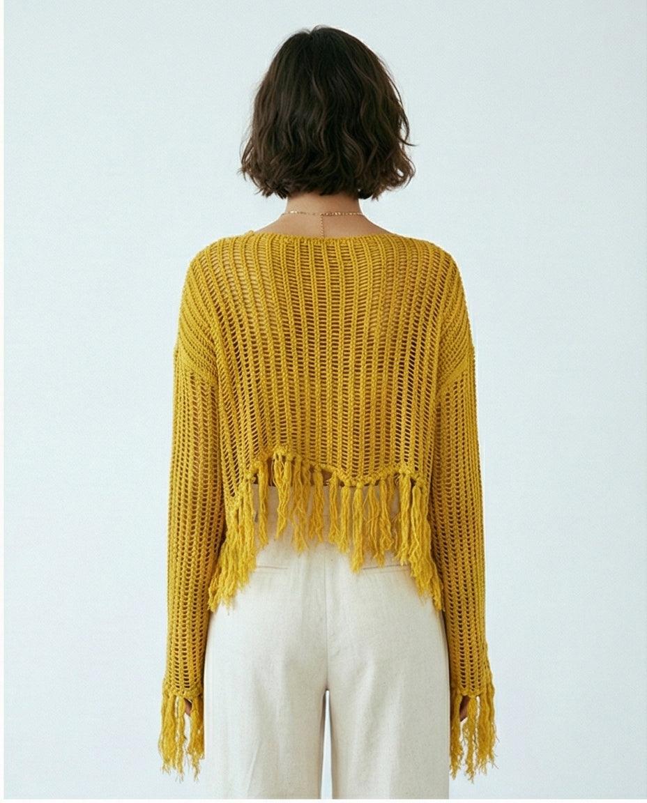 R208728 - Boat Neck Perforated Top with Tassels - Mustard