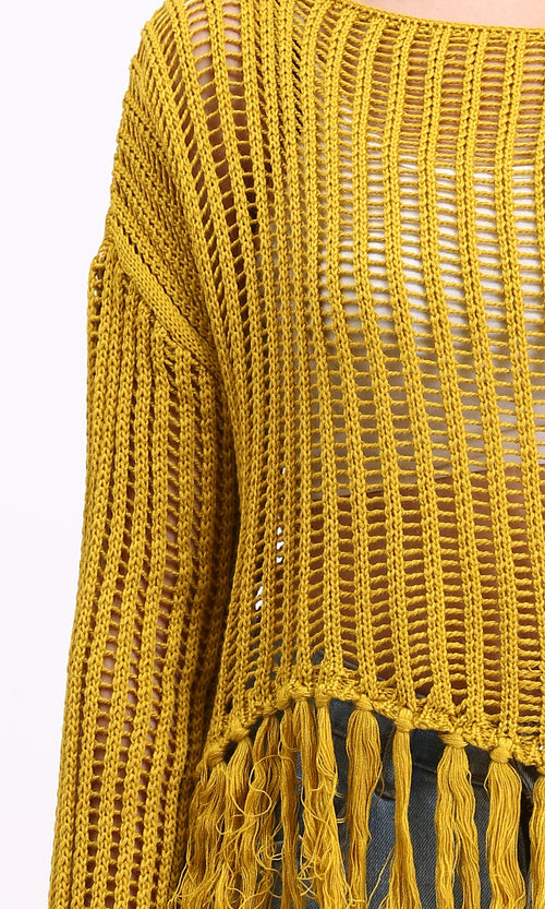 R208728 - Boat Neck Perforated Top with Tassels - Mustard