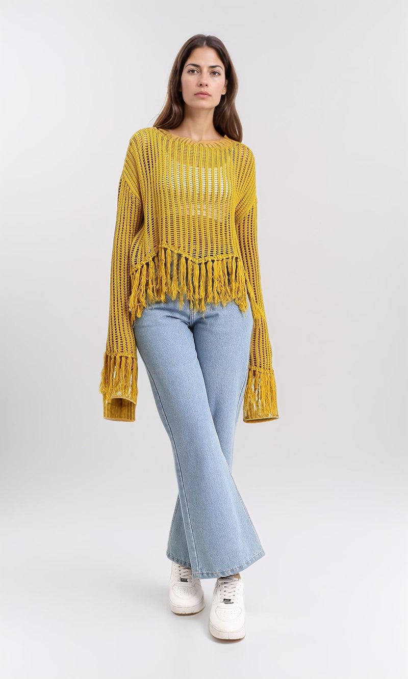R208728 - Boat Neck Perforated Top with Tassels - Mustard