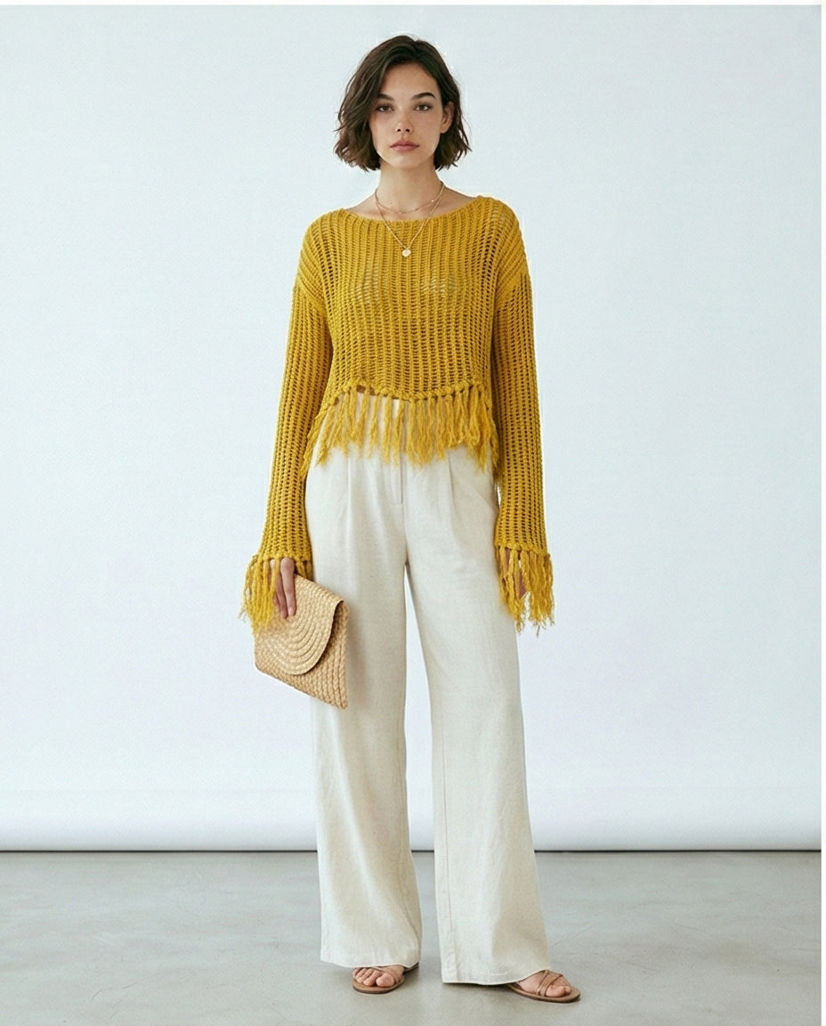 R208728 - Boat Neck Perforated Top with Tassels - Mustard