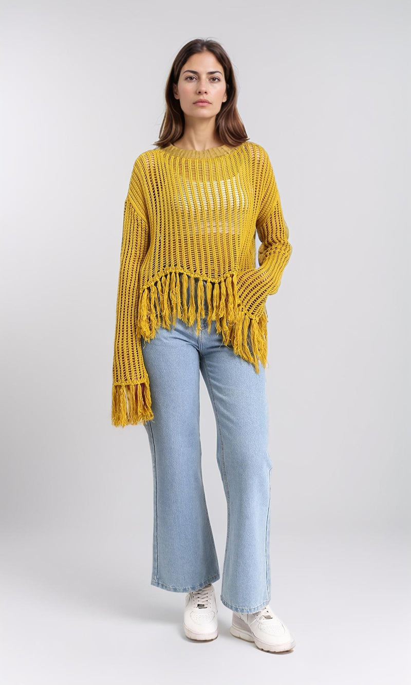 R208728 - Boat Neck Perforated Top with Tassels - Mustard