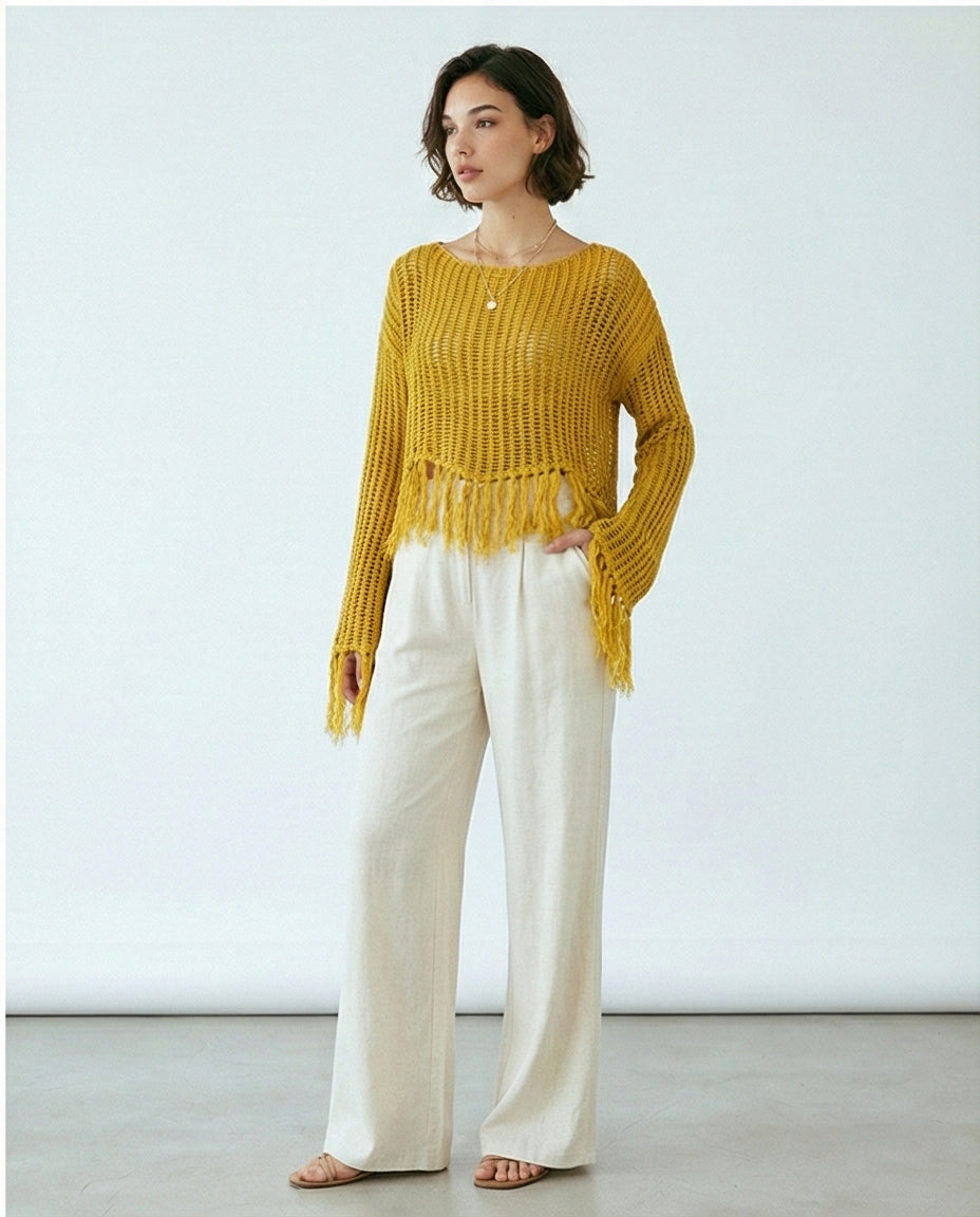 R208728 - Boat Neck Perforated Top with Tassels - Mustard