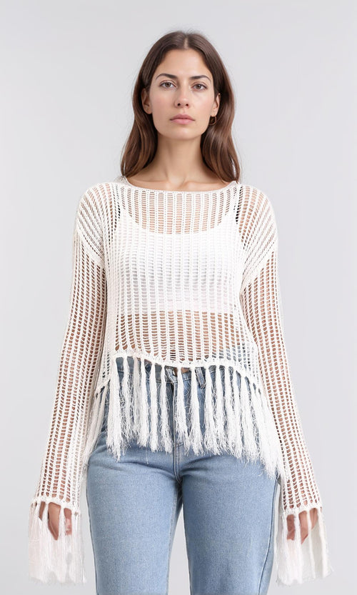 R208729 - Boat Neck Perforated Top with Tassels - Off-White