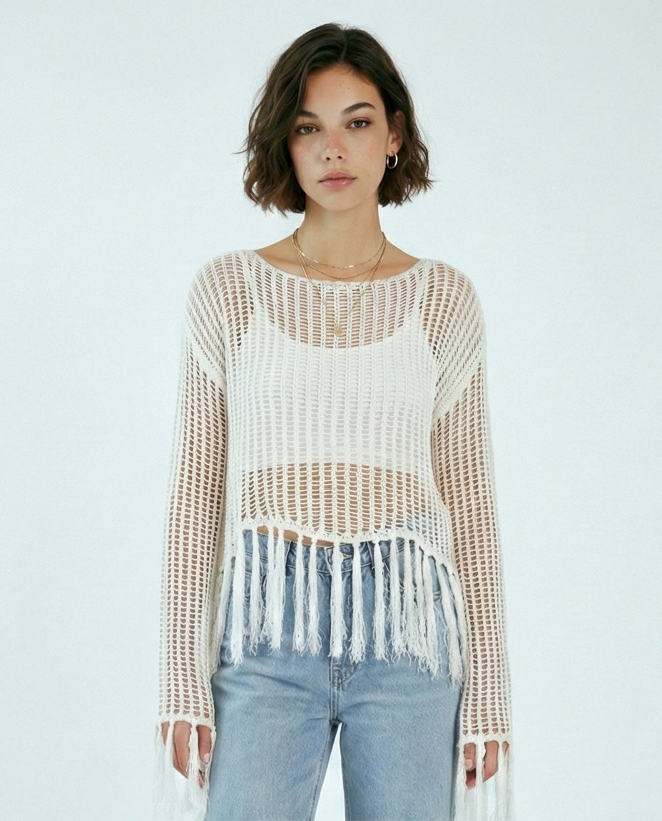 Boat Neck Perforated Top with Tassels - Off-White