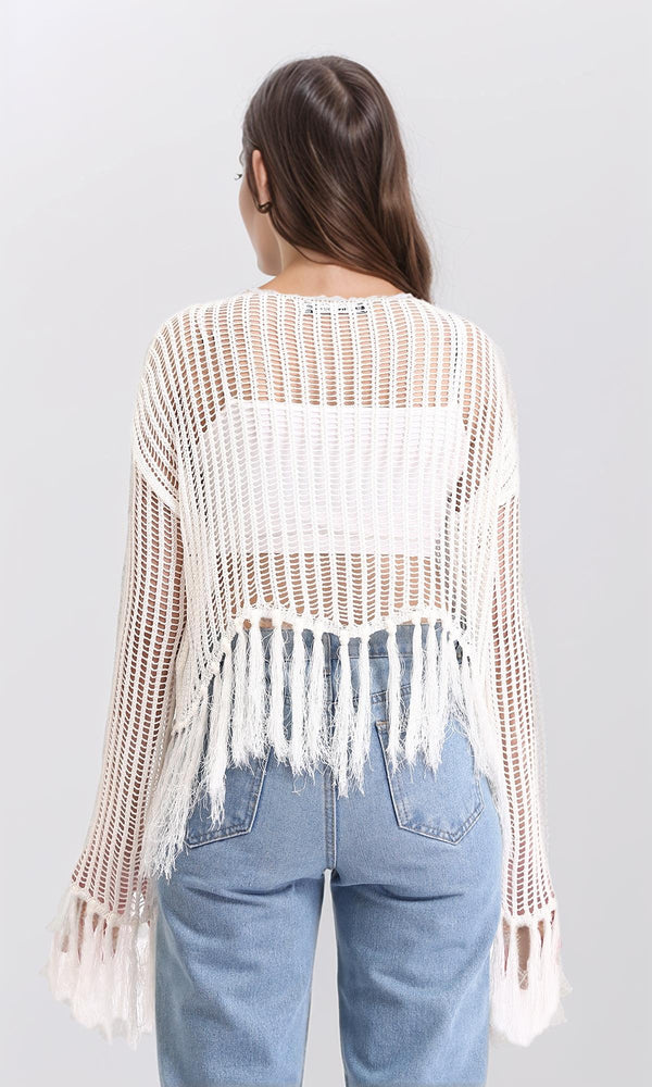R208729 - Boat Neck Perforated Top with Tassels - Off-White