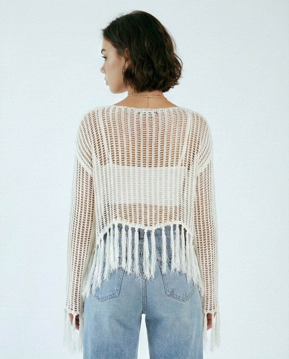 R208729 - Boat Neck Perforated Top with Tassels - Off-White