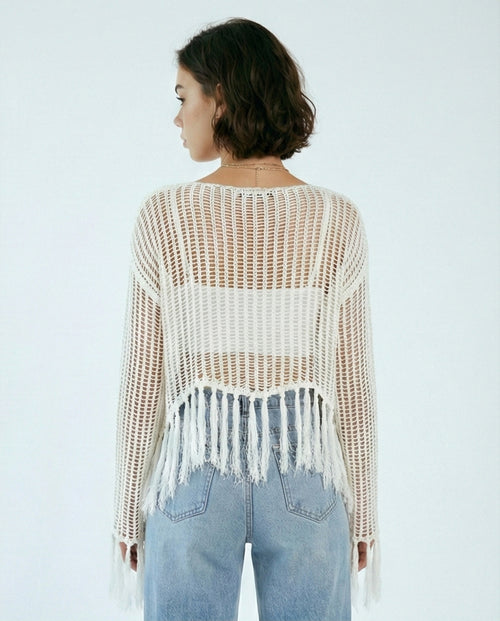 R208729 - Boat Neck Perforated Top with Tassels - Off-White