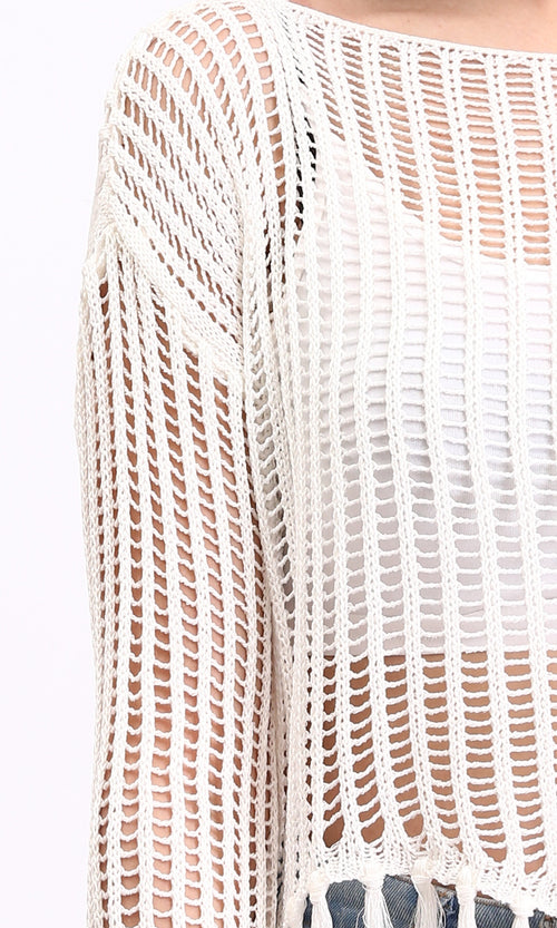 R208729 - Boat Neck Perforated Top with Tassels - Off-White