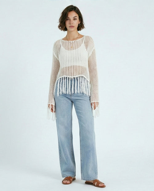 R208729 - Boat Neck Perforated Top with Tassels - Off-White