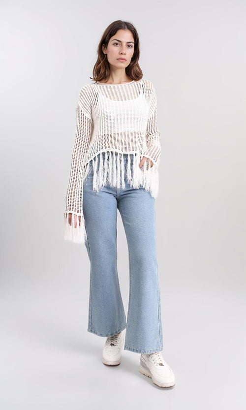 R208729 - Boat Neck Perforated Top with Tassels - Off-White