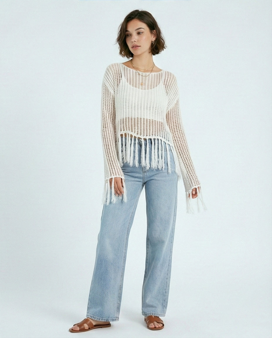 R208729 - Boat Neck Perforated Top with Tassels - Off-White
