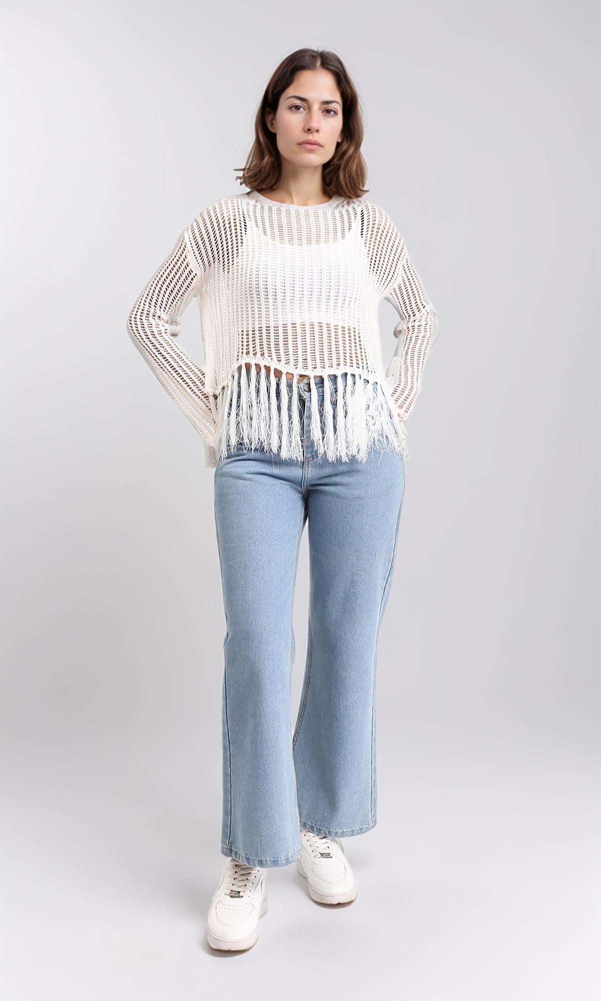 R208729 - Boat Neck Perforated Top with Tassels - Off-White