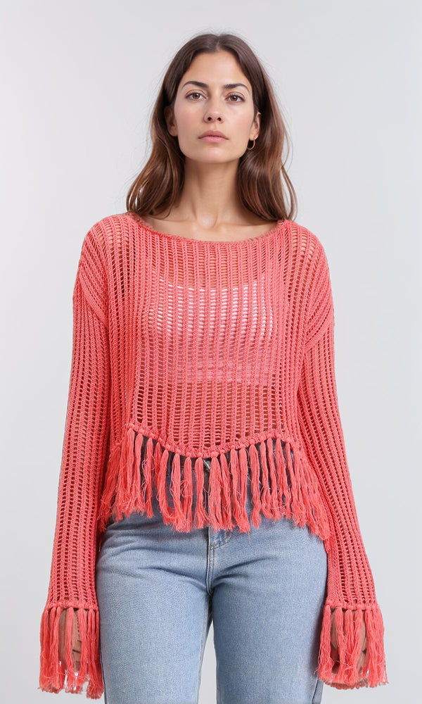 R208730 - Boat Neck Perforated Top with Tassels - Dark Coral