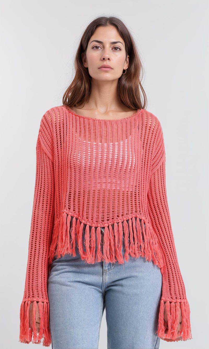R208730 - Boat Neck Perforated Top with Tassels - Dark Coral