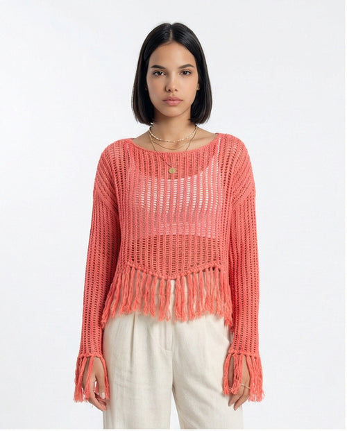 R208730 - Boat Neck Perforated Top with Tassels - Dark Coral