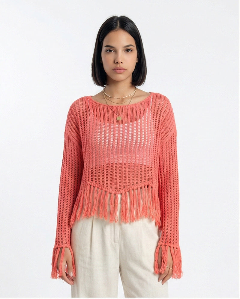 R208730 - Boat Neck Perforated Top with Tassels - Dark Coral