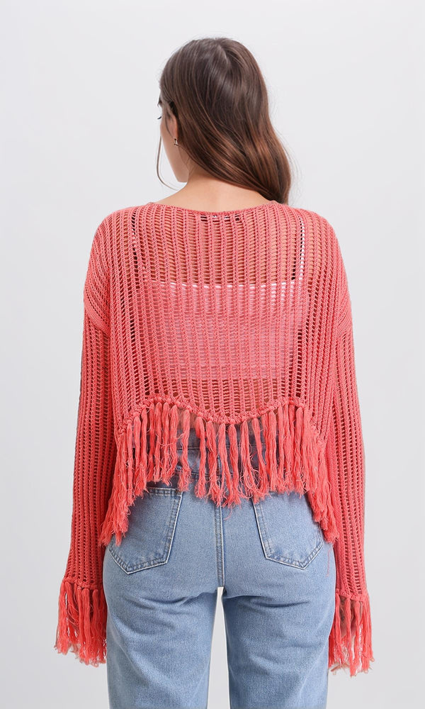 R208730 - Boat Neck Perforated Top with Tassels - Dark Coral