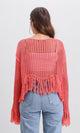 R208730 - Boat Neck Perforated Top with Tassels - Dark Coral