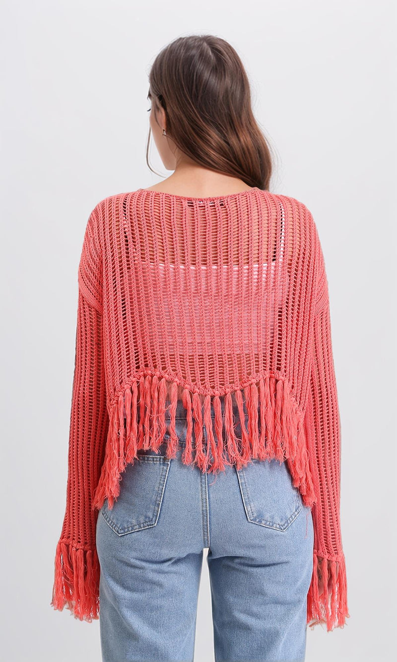 R208730 - Boat Neck Perforated Top with Tassels - Dark Coral