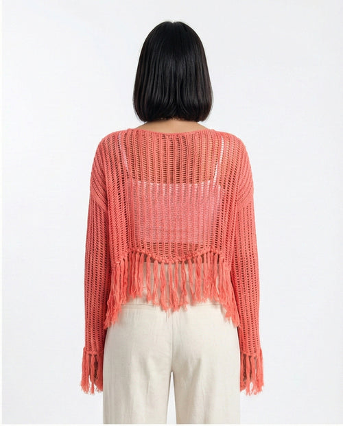 R208730 - Boat Neck Perforated Top with Tassels - Dark Coral