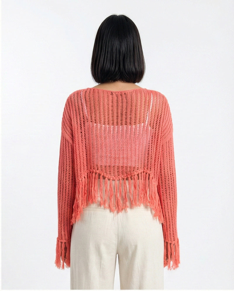 R208730 - Boat Neck Perforated Top with Tassels - Dark Coral