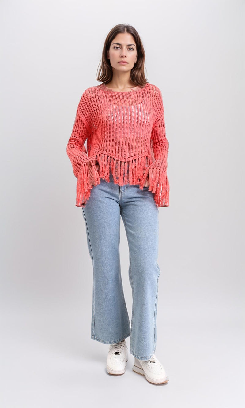 R208730 - Boat Neck Perforated Top with Tassels - Dark Coral