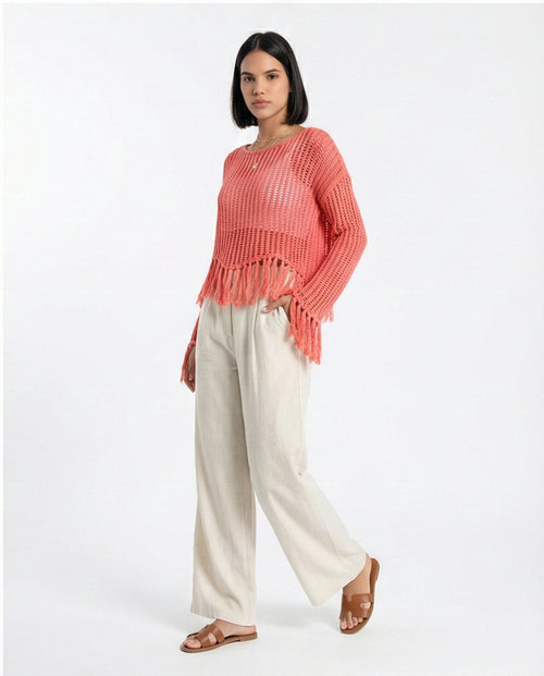 R208730 - Boat Neck Perforated Top with Tassels - Dark Coral