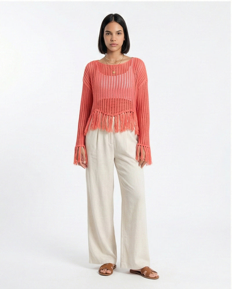 R208730 - Boat Neck Perforated Top with Tassels - Dark Coral