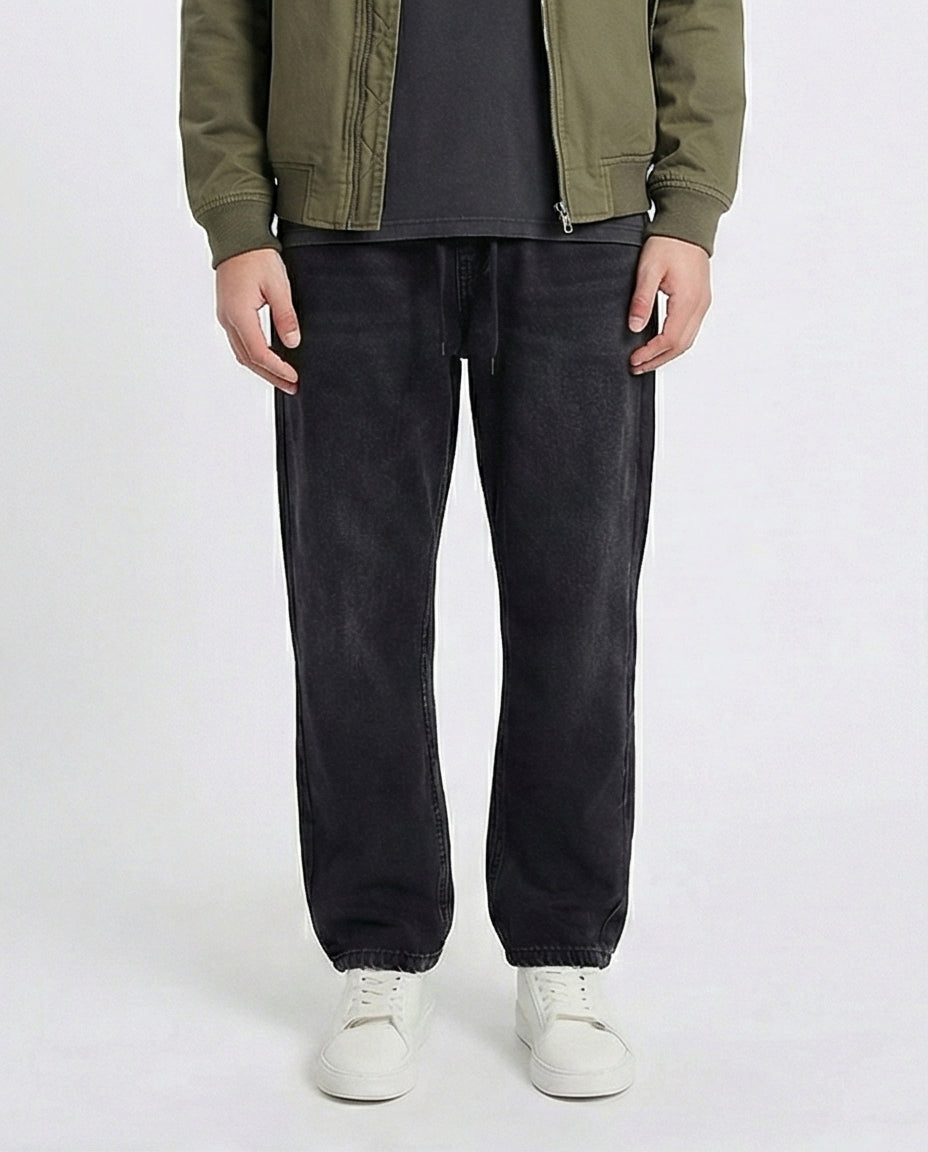 Elastic Waist Wide Solid Denim Pants - Black