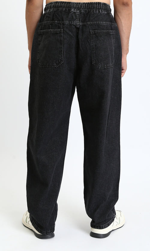 R208744 - Elastic Waist Wide Solid Denim Pants - Black