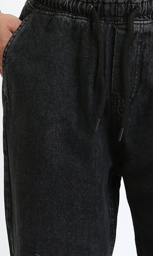 R208744 - Elastic Waist Wide Solid Denim Pants - Black