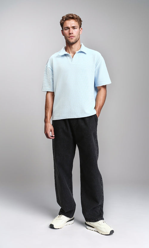 R208744 - Elastic Waist Wide Solid Denim Pants - Black