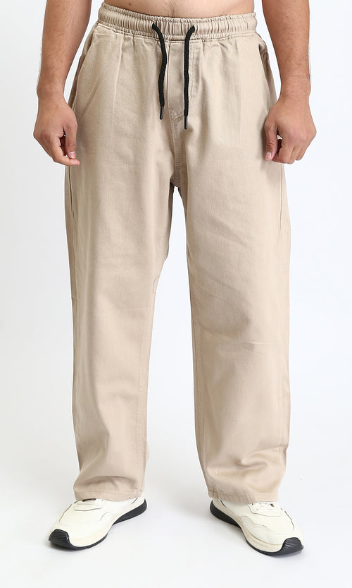 R208745 - Elastic Waist Wide Solid Denim Pants - Dark Beige