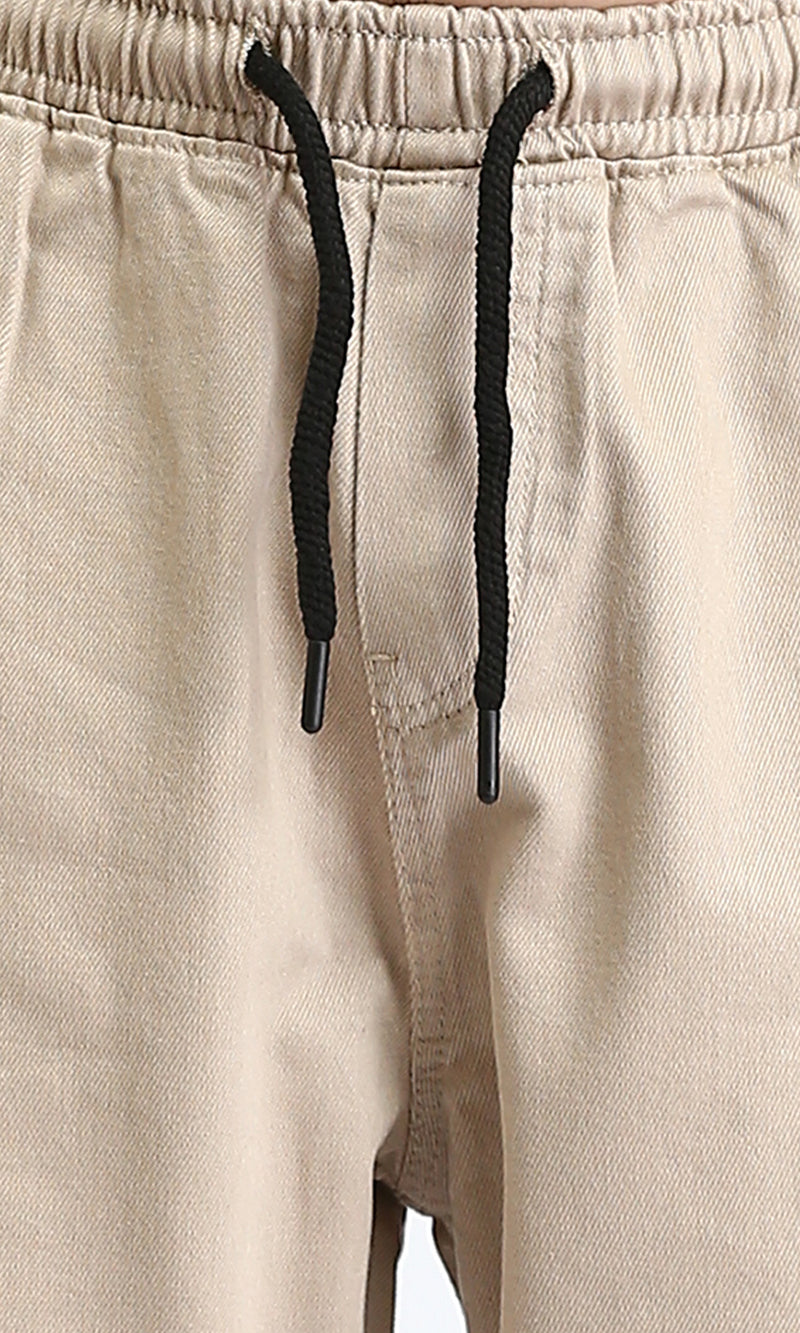 R208745 - Elastic Waist Wide Solid Denim Pants - Dark Beige