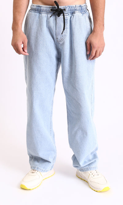 Light Blue Wide Leg Jeans - Slip On Casual Cotton Denim for Men