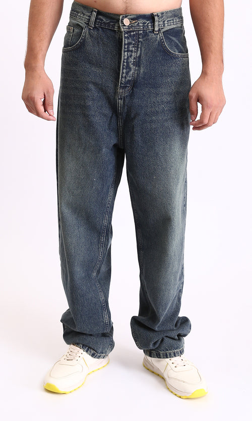 R208748 - Wide Casual Denim Pants with Front Wash - Greenish Blue