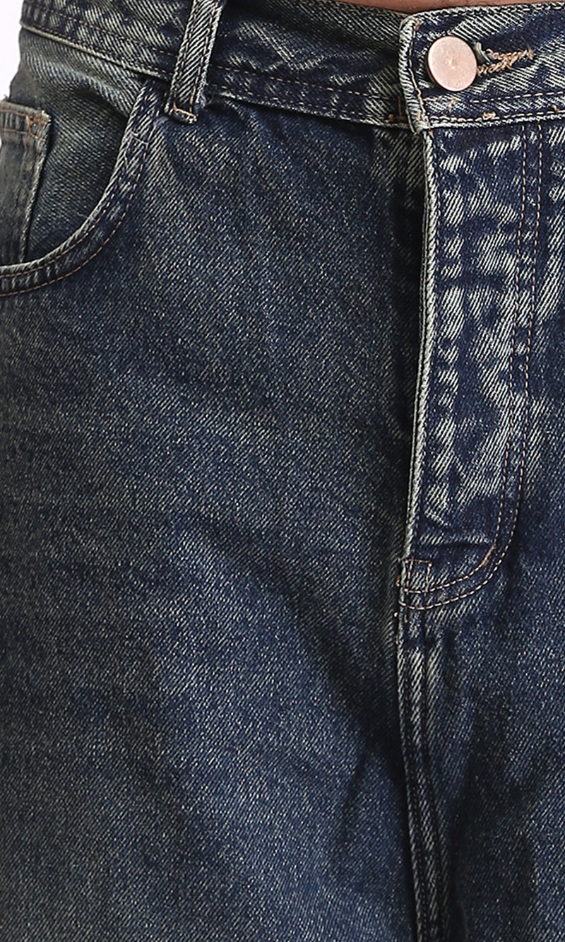 R208748 - Wide Casual Denim Pants with Front Wash - Greenish Blue