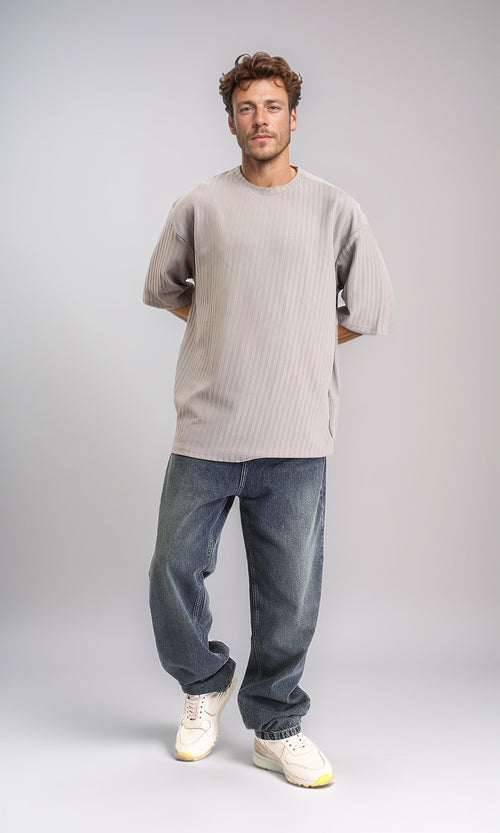 R208748 - Wide Casual Denim Pants with Front Wash - Greenish Blue