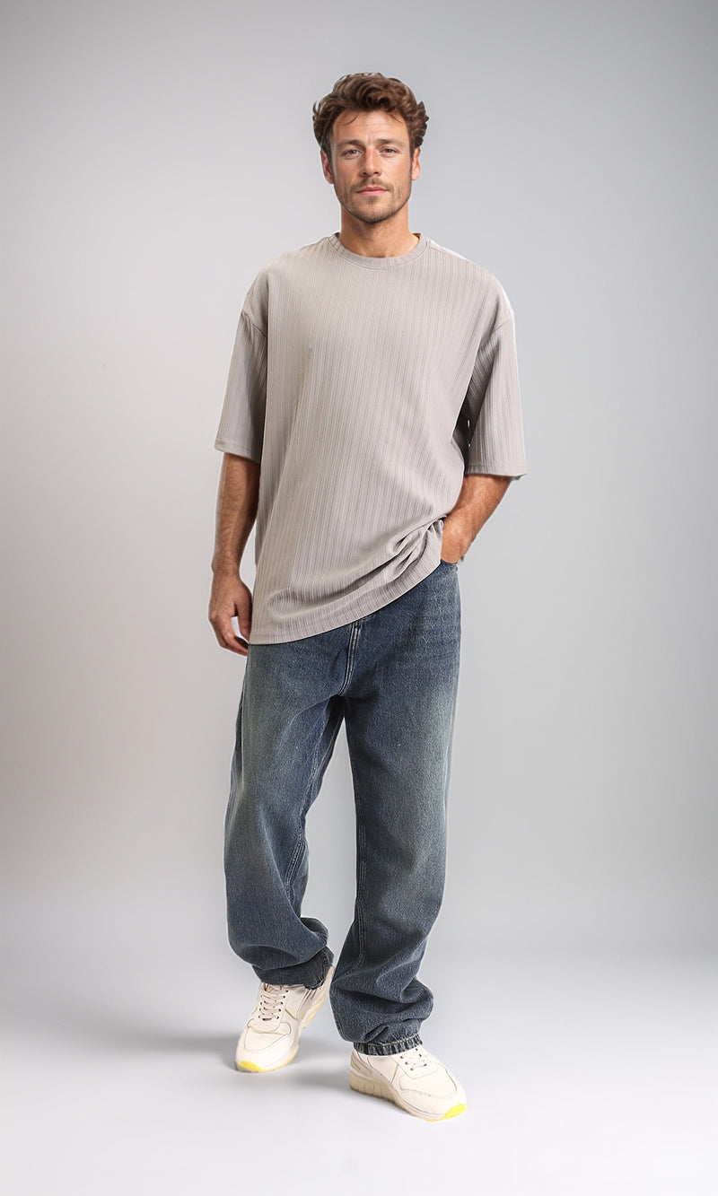 R208748 - Wide Casual Denim Pants with Front Wash - Greenish Blue