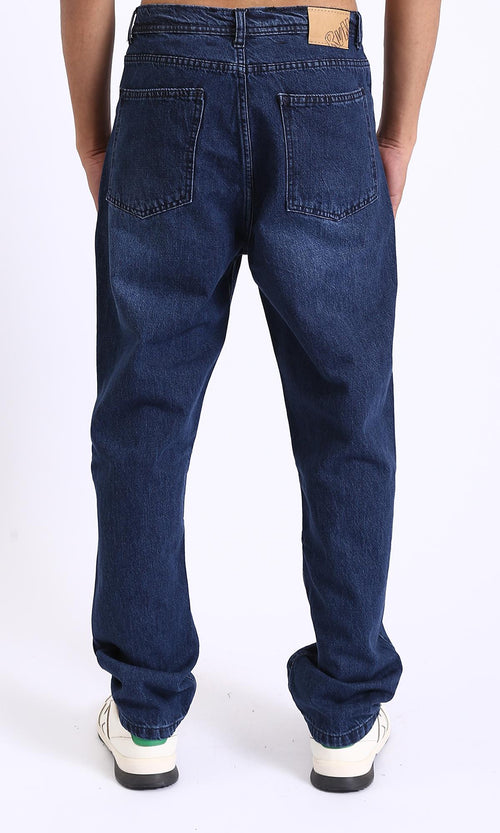 R208751-Straight Leg Cotton Casual Jeans - Navy Blue